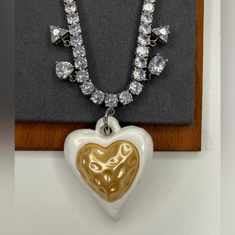 Julietta Dangly Heart Tennis Necklace Crystal Statement Pendant $295 Retail - Picture 5 of 8